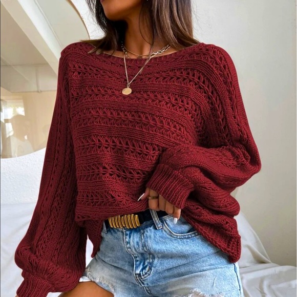 SHEIN Sweaters - BURGUNDY OPEN KNIT LANTERN SLEEVE SWEATER